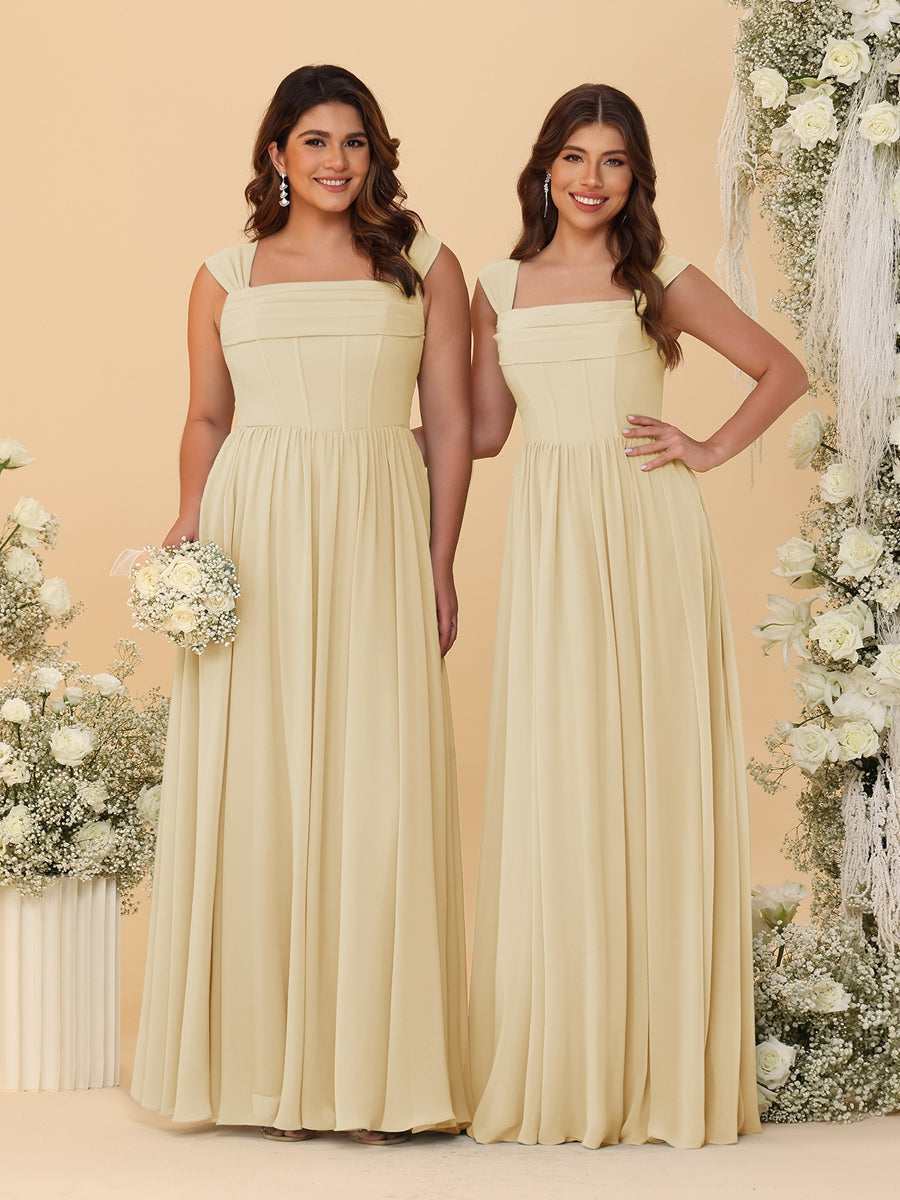 Chiffon A-Line/Princess Square Neck Sleeveless Bridesmaid Dresses with Pleats Champagne