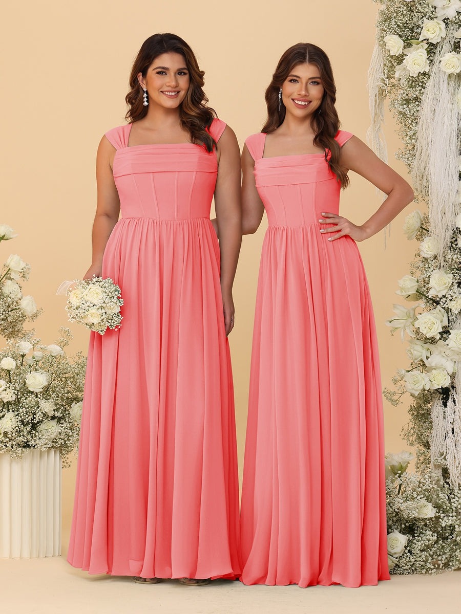 Chiffon A-Line/Princess Square Neck Sleeveless Bridesmaid Dresses with Pleats Coral