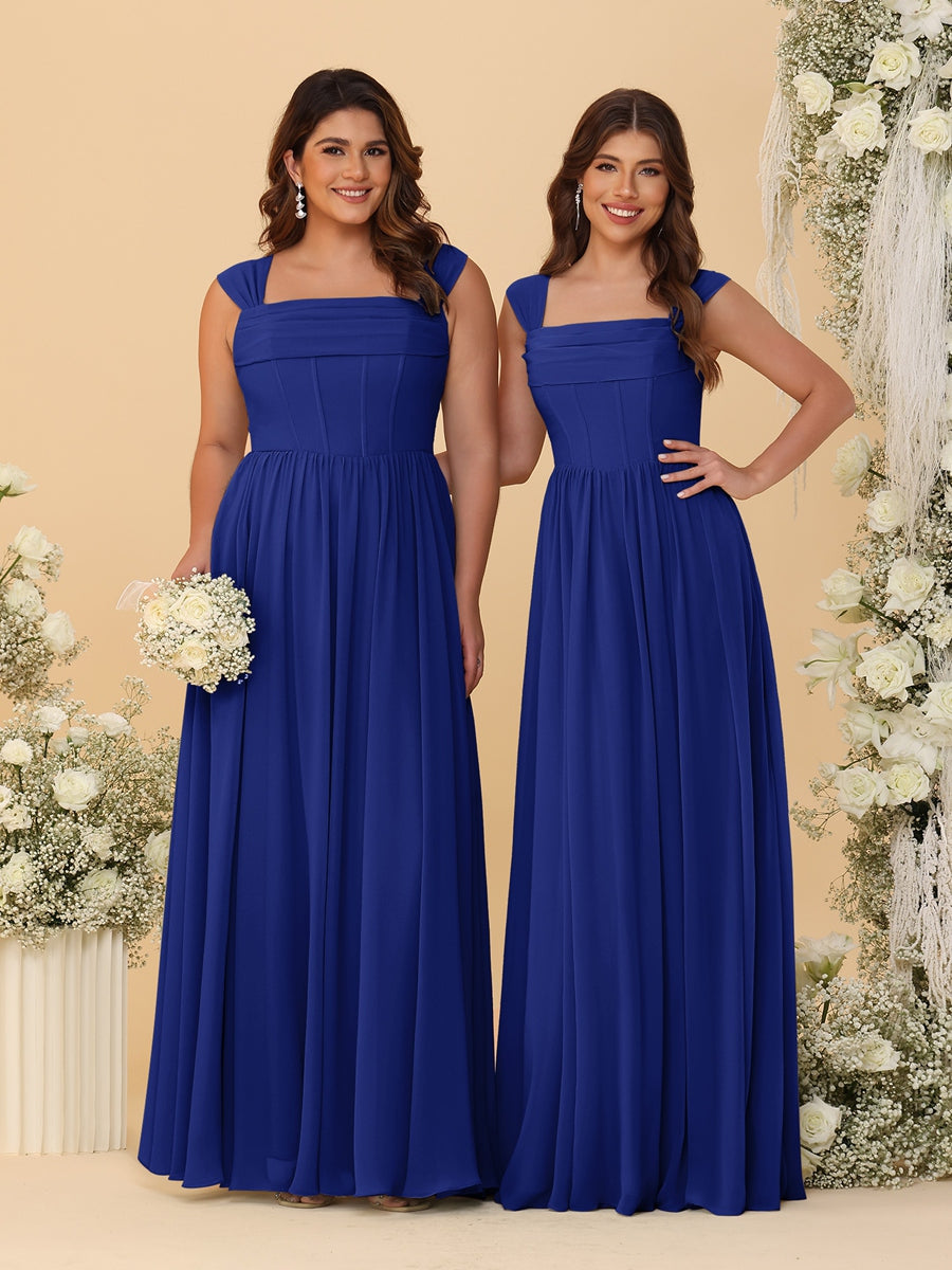 Chiffon A-Line/Princess Square Neck Sleeveless Bridesmaid Dresses with Pleats Dark Royal Blue