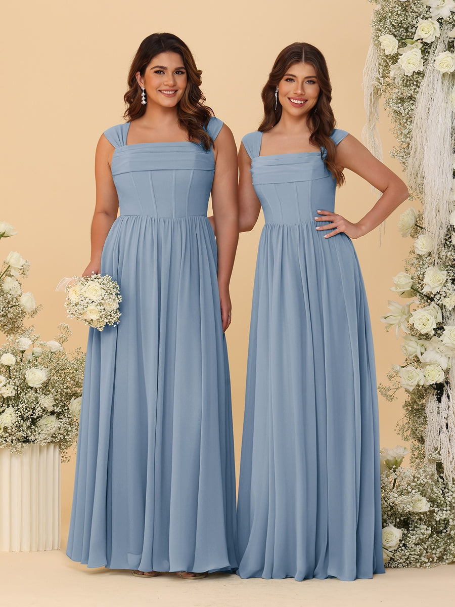 Chiffon A-Line/Princess Square Neck Sleeveless Bridesmaid Dresses with Pleats Dusty Blue