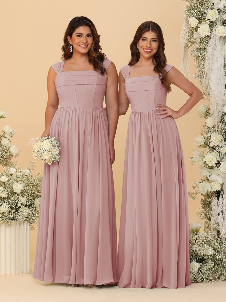 Chiffon A-Line/Princess Square Neck Sleeveless Bridesmaid Dresses with Pleats Dusty Pink