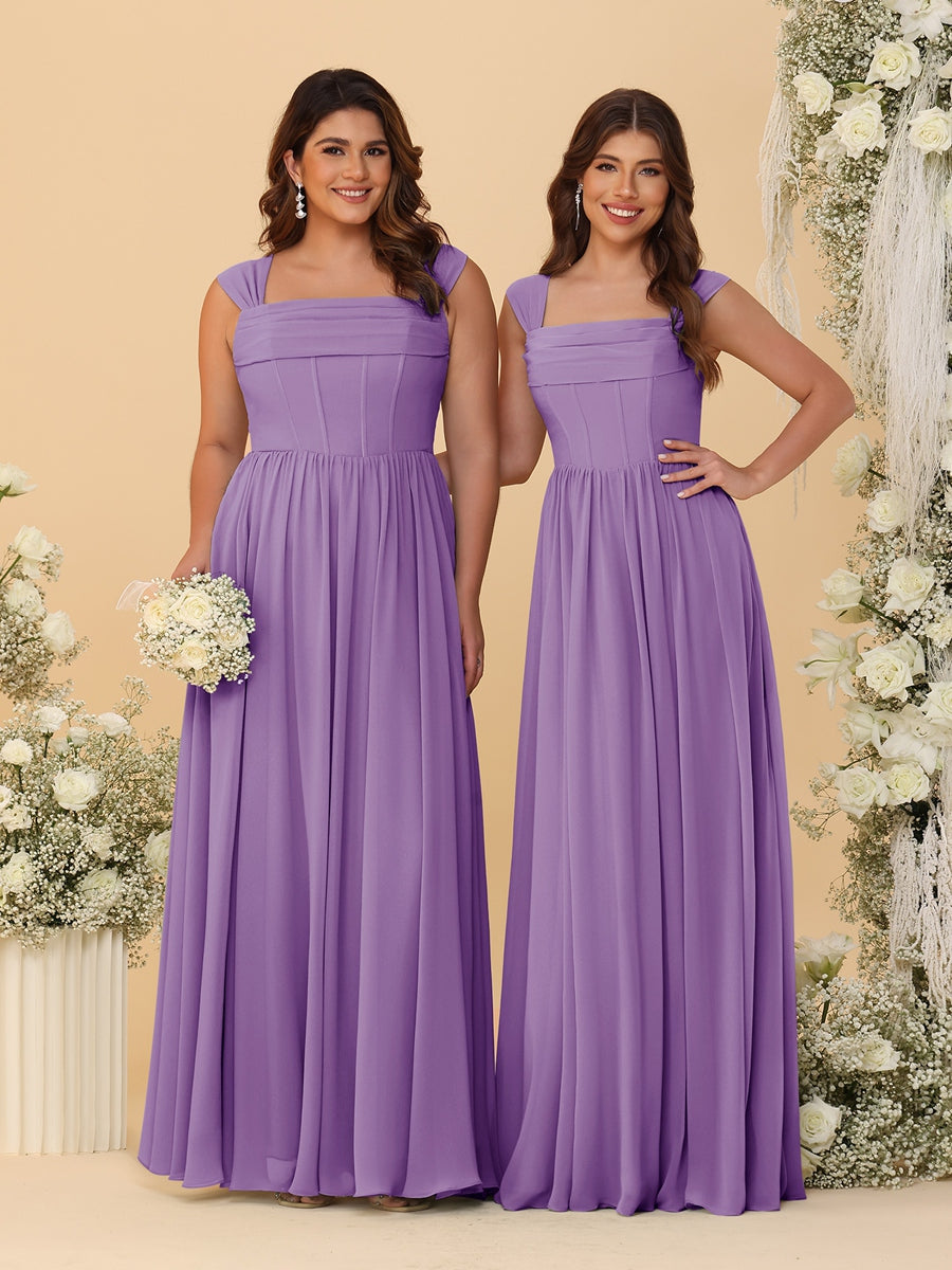 Chiffon A-Line/Princess Square Neck Sleeveless Bridesmaid Dresses with Pleats Dusty Purple