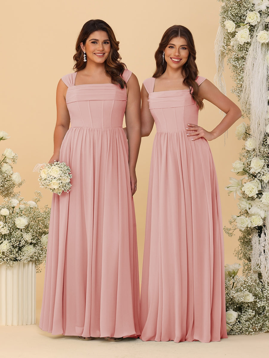 Chiffon A-Line/Princess Square Neck Sleeveless Bridesmaid Dresses with Pleats Dusty Rose