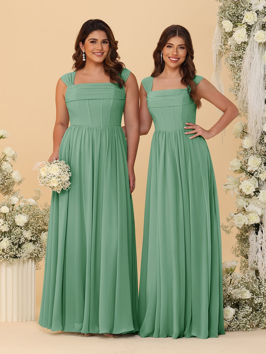 Chiffon A-Line/Princess Square Neck Sleeveless Bridesmaid Dresses with Pleats Eucalyptus