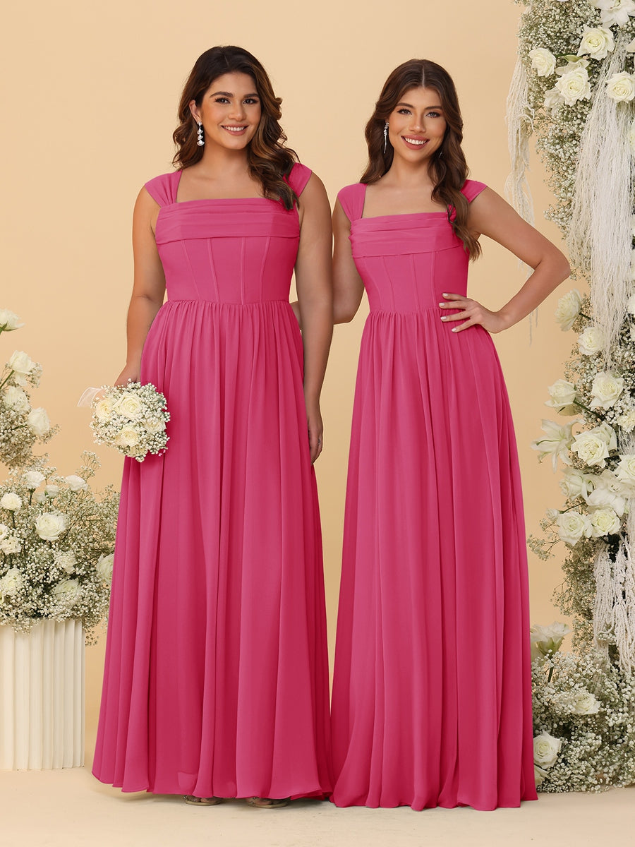 Chiffon A-Line/Princess Square Neck Sleeveless Bridesmaid Dresses with Pleats Fuchsia