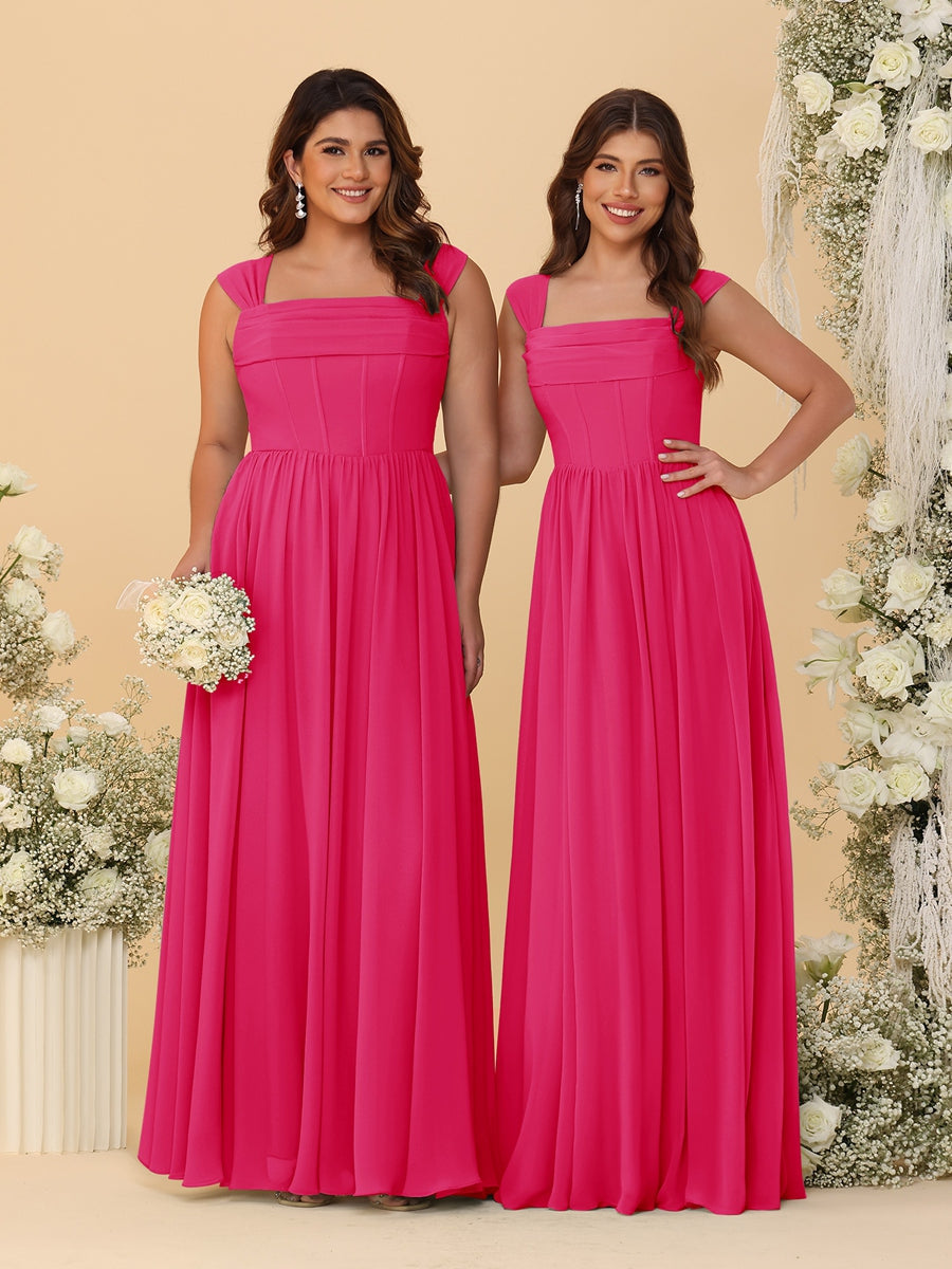 Chiffon A-Line/Princess Square Neck Sleeveless Bridesmaid Dresses with Pleats Fuchsia Pink