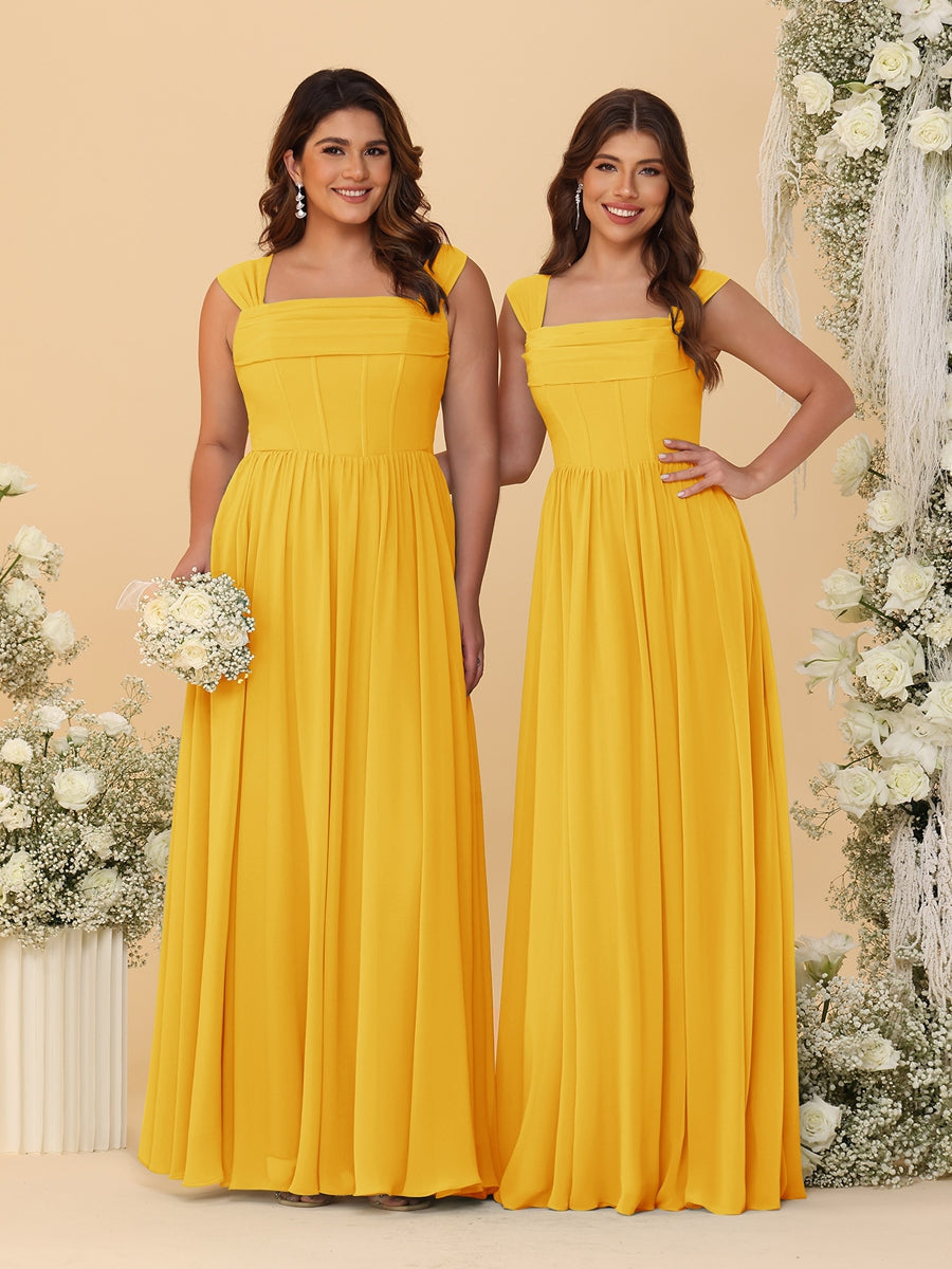 Chiffon A-Line/Princess Square Neck Sleeveless Bridesmaid Dresses with Pleats Gold