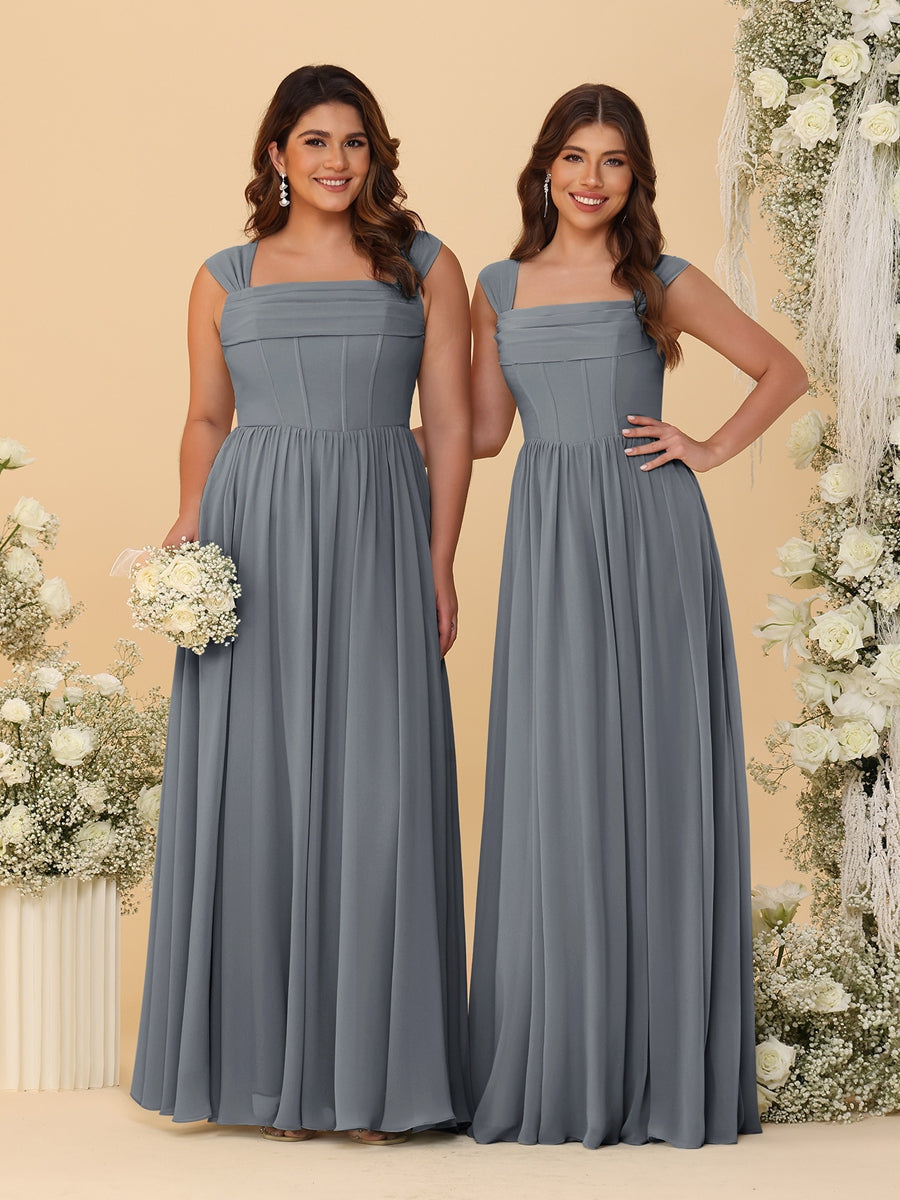 Chiffon A-Line/Princess Square Neck Sleeveless Bridesmaid Dresses with Pleats Gray