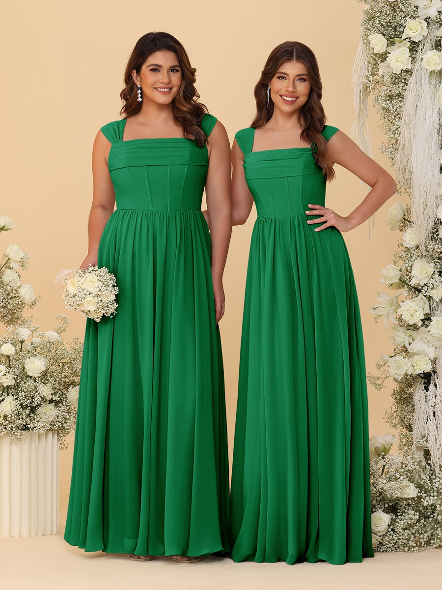 Chiffon A-Line/Princess Square Neck Sleeveless Bridesmaid Dresses with Pleats Green