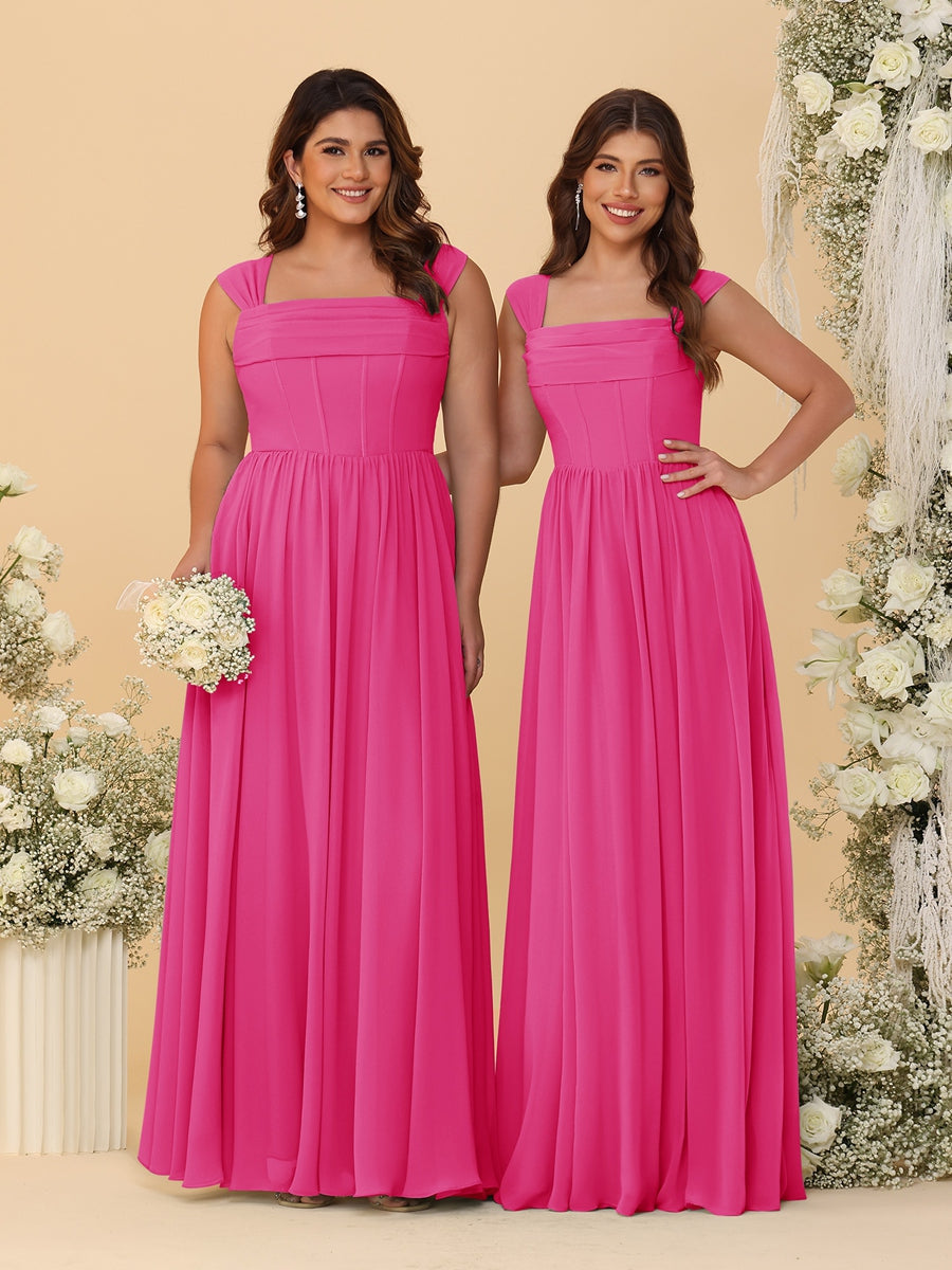 Chiffon A-Line/Princess Square Neck Sleeveless Bridesmaid Dresses with Pleats Hot Pink