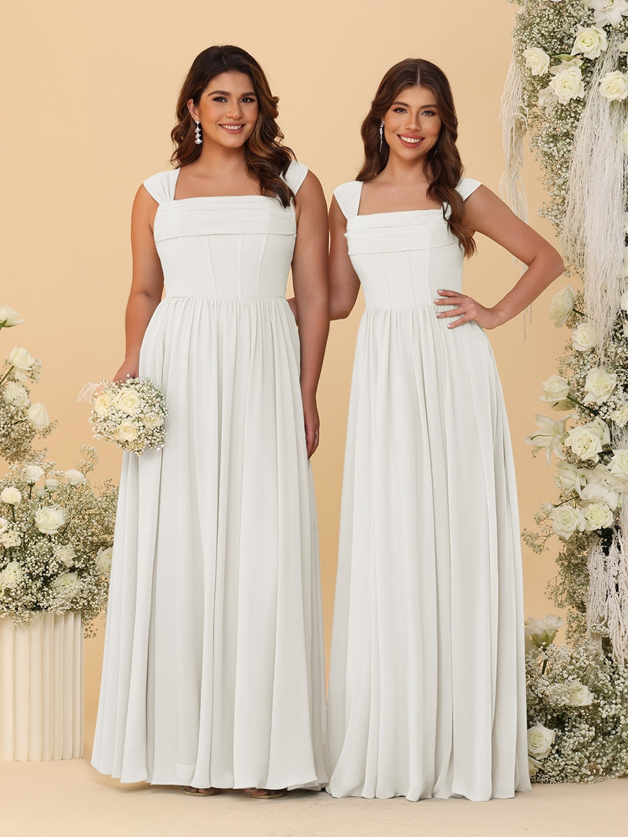Chiffon A-Line/Princess Square Neck Sleeveless Bridesmaid Dresses with Pleats Ivory