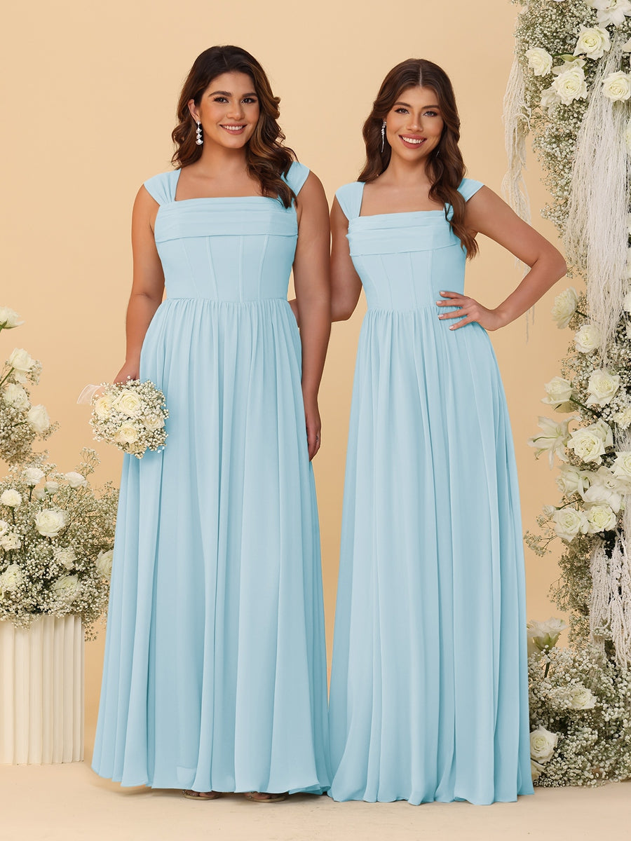 Chiffon A-Line/Princess Square Neck Sleeveless Bridesmaid Dresses with Pleats Light Blue