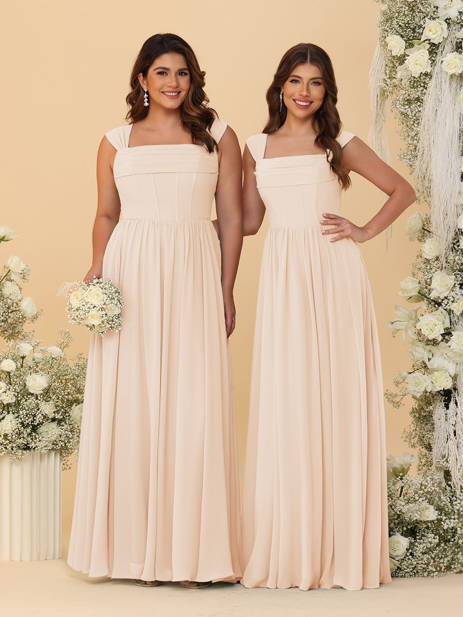 Chiffon A-Line/Princess Square Neck Sleeveless Bridesmaid Dresses with Pleats Light Champagne