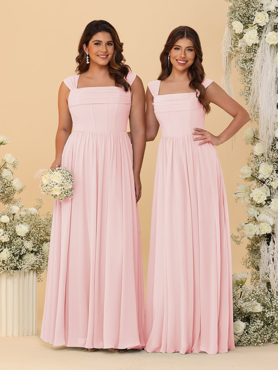 Chiffon A-Line/Princess Square Neck Sleeveless Bridesmaid Dresses with Pleats Light Pink