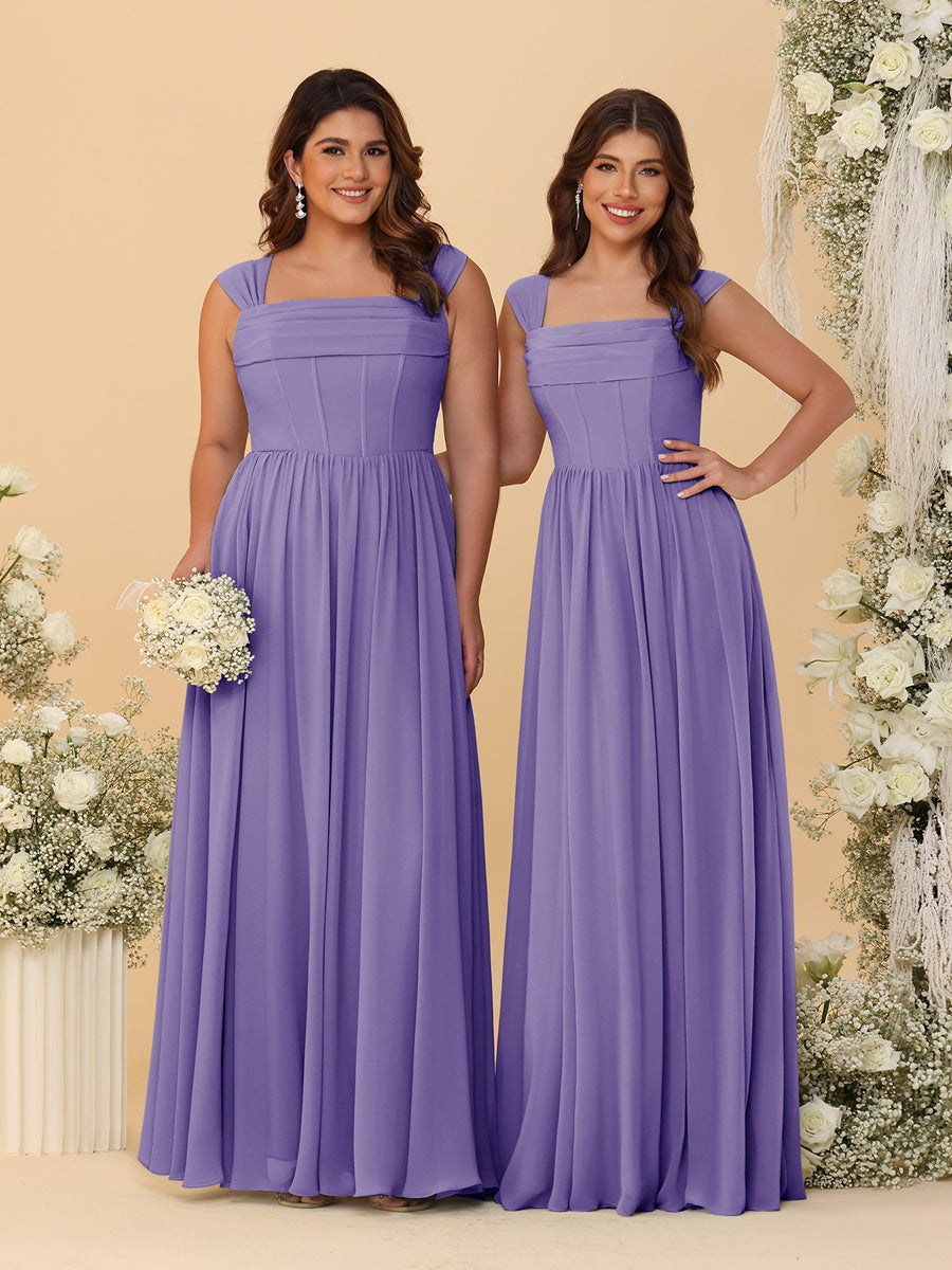 Chiffon A-Line/Princess Square Neck Sleeveless Bridesmaid Dresses with Pleats Light Purple