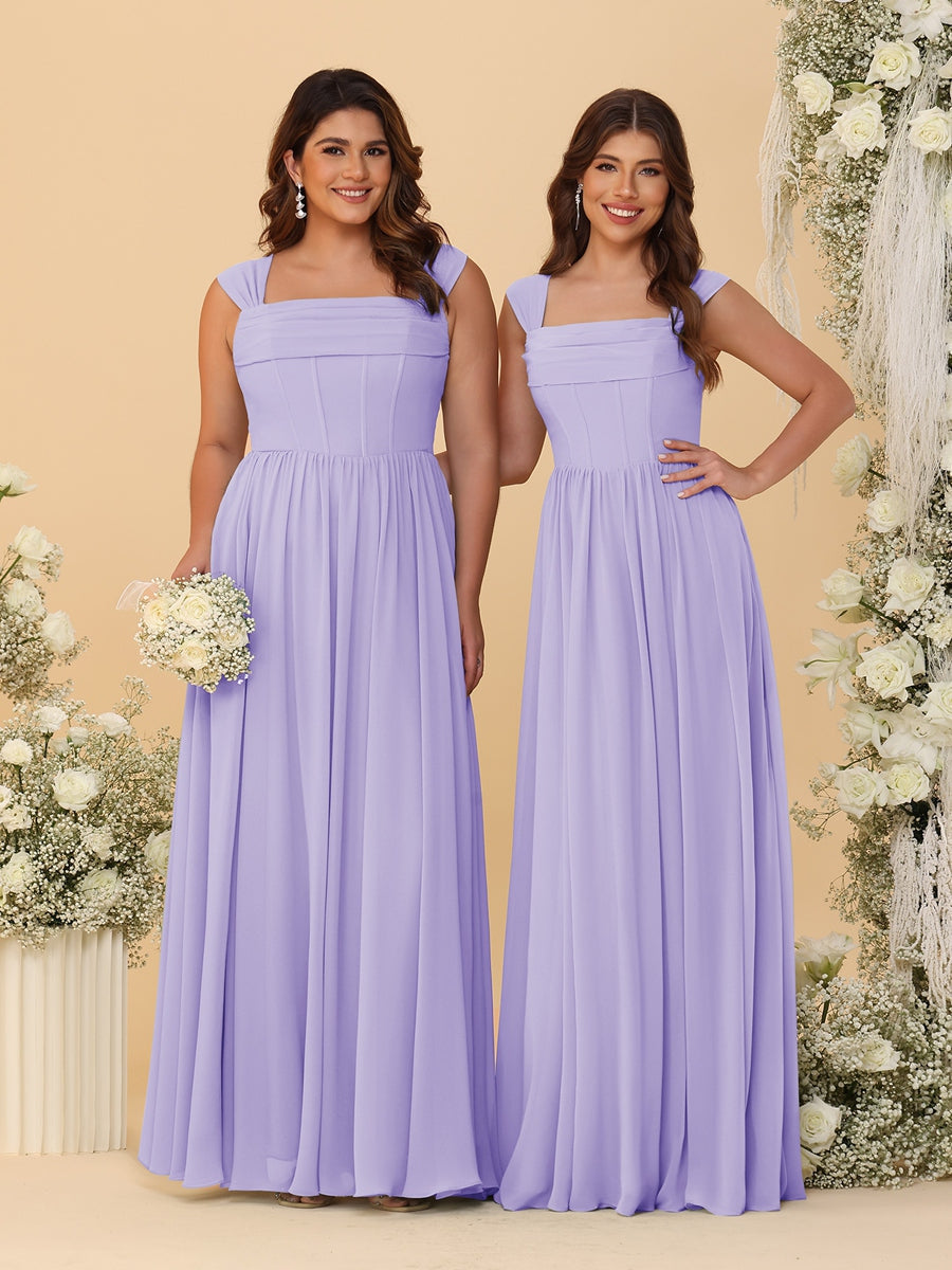 Chiffon A-Line/Princess Square Neck Sleeveless Bridesmaid Dresses with Pleats Lilac