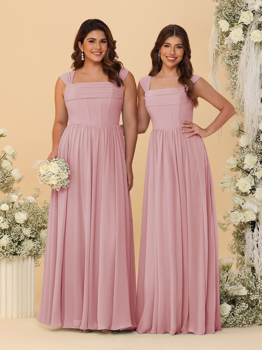 Chiffon A-Line/Princess Square Neck Sleeveless Bridesmaid Dresses with Pleats Mauve