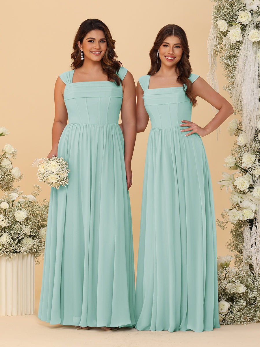 Chiffon A-Line/Princess Square Neck Sleeveless Bridesmaid Dresses with Pleats Mist Blue