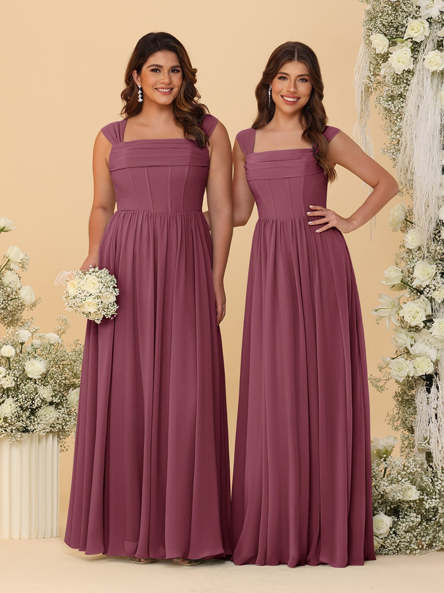 Chiffon A-Line/Princess Square Neck Sleeveless Bridesmaid Dresses with Pleats Mulberry