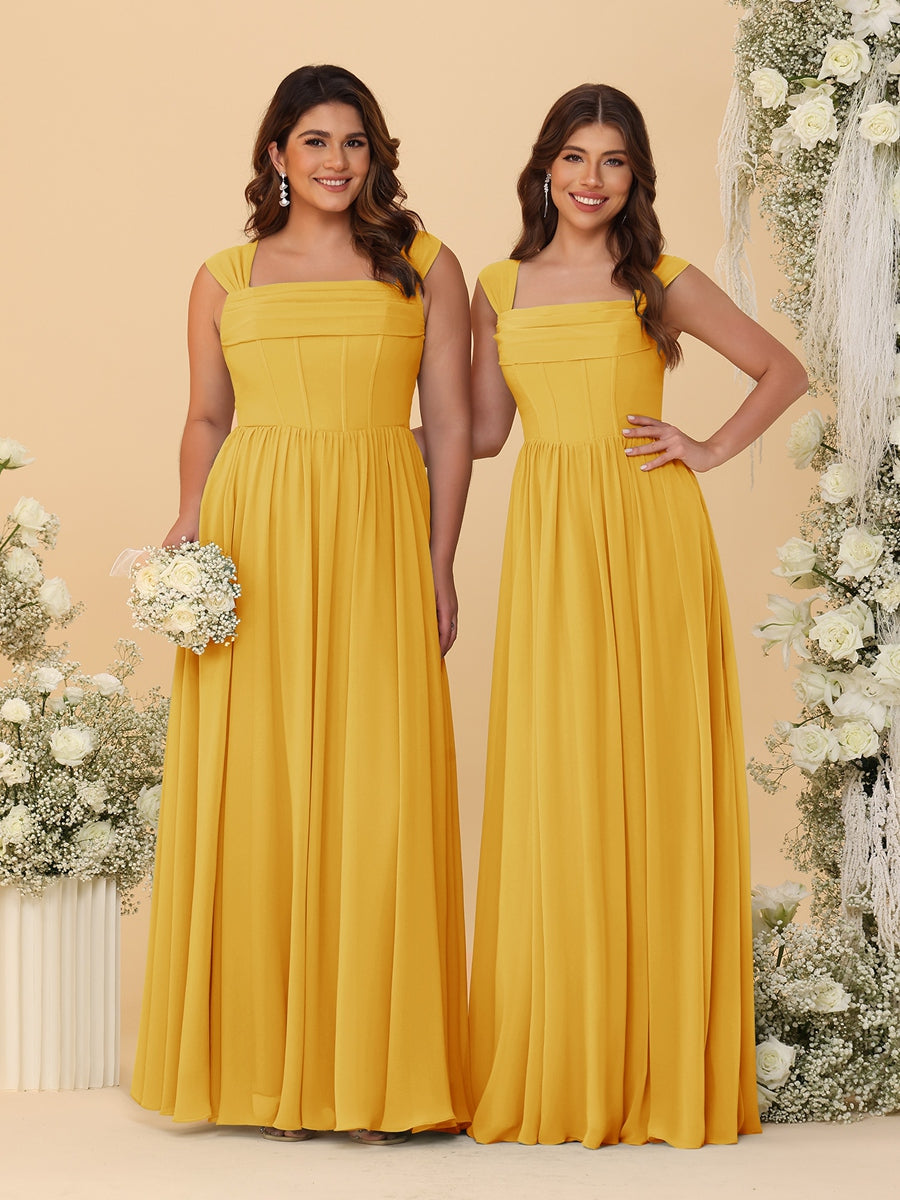 Chiffon A-Line/Princess Square Neck Sleeveless Bridesmaid Dresses with Pleats Mustard Yellow