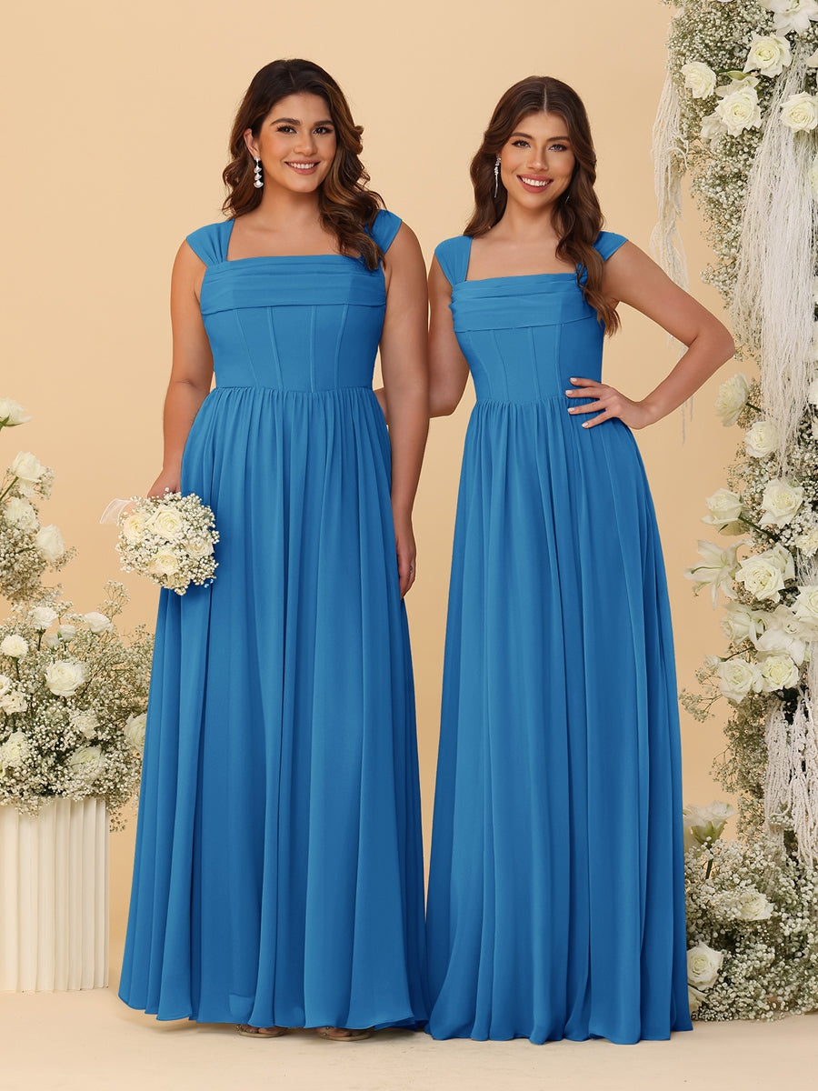 Chiffon A-Line/Princess Square Neck Sleeveless Bridesmaid Dresses with Pleats Ocean Blue