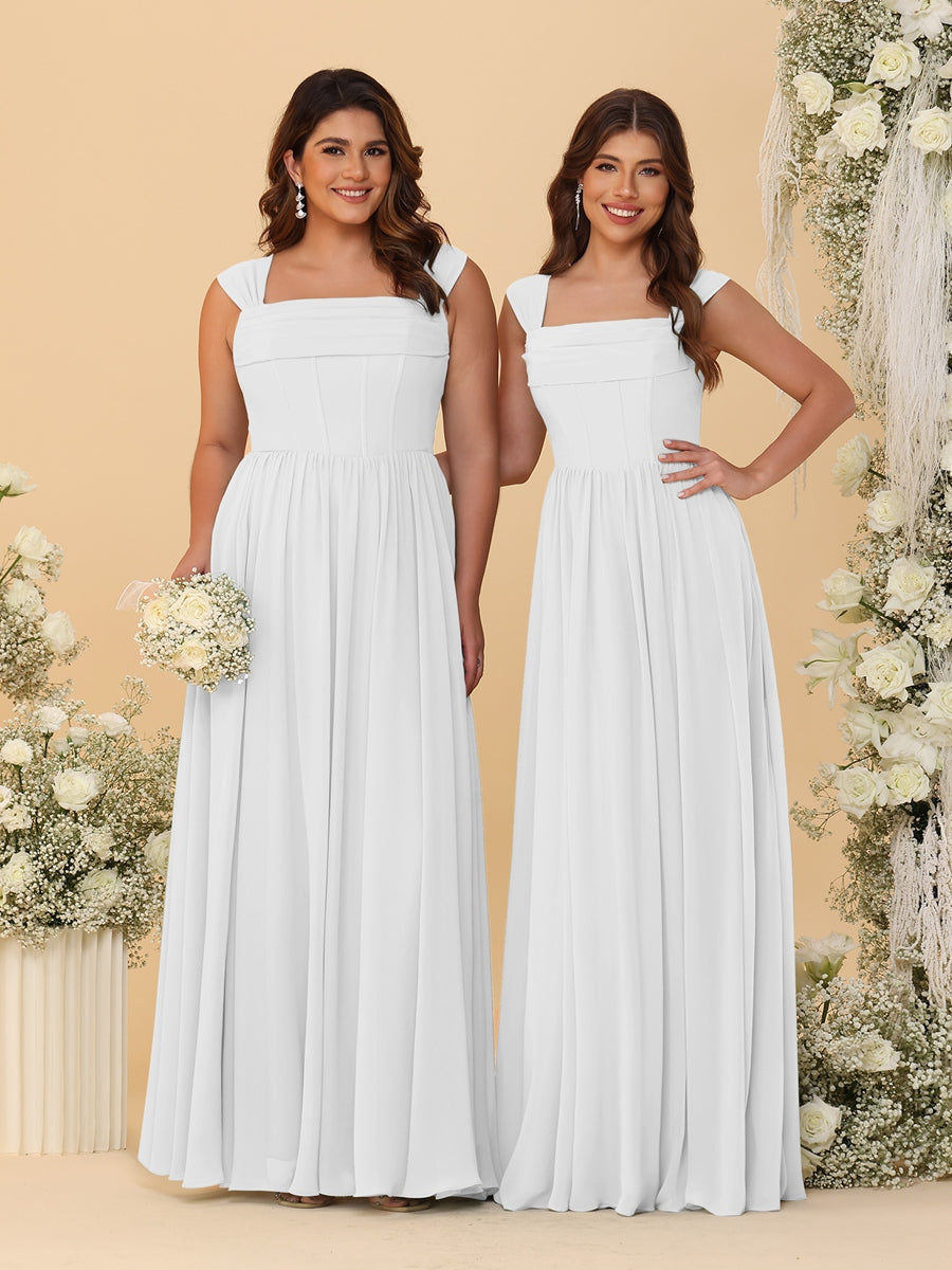Chiffon A-Line/Princess Square Neck Sleeveless Bridesmaid Dresses with Pleats Off White