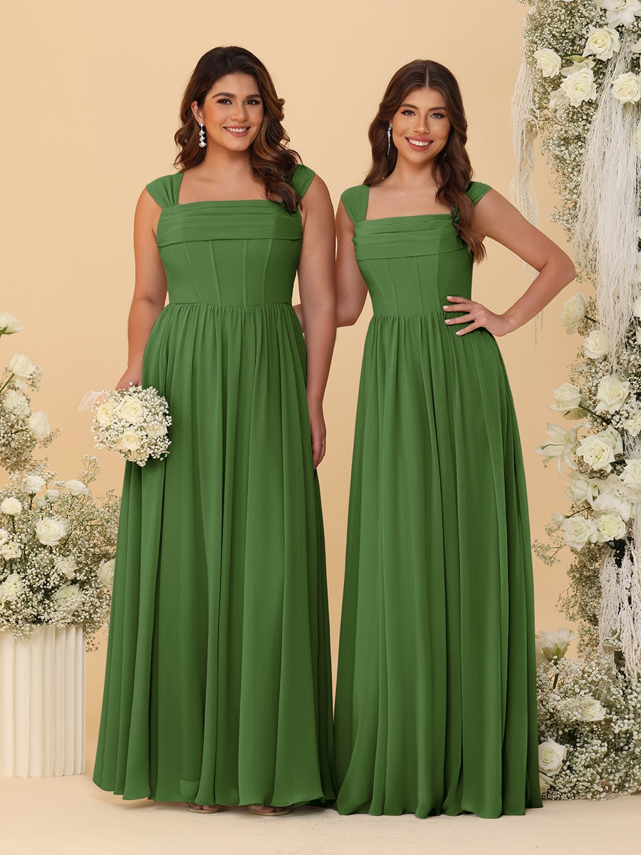 Chiffon A-Line/Princess Square Neck Sleeveless Bridesmaid Dresses with Pleats Olive Green