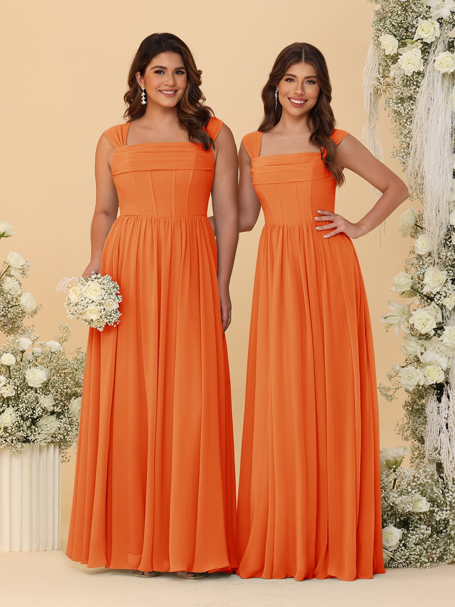 Chiffon A-Line/Princess Square Neck Sleeveless Bridesmaid Dresses with Pleats Orange