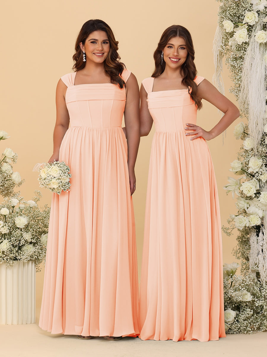 Chiffon A-Line/Princess Square Neck Sleeveless Bridesmaid Dresses with Pleats Peach Pink