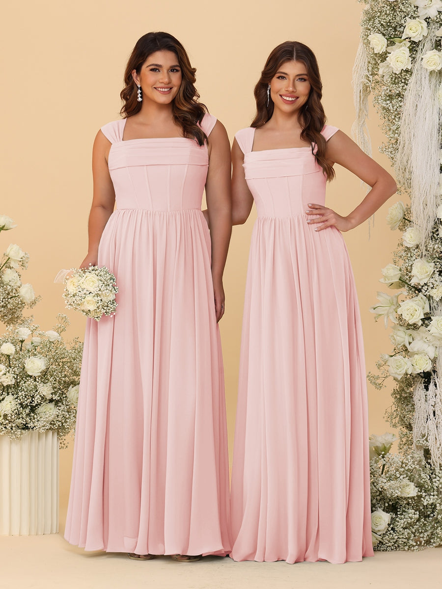 Chiffon A-Line/Princess Square Neck Sleeveless Bridesmaid Dresses with Pleats Pearl Pink