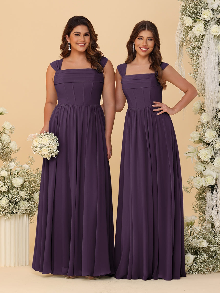 Chiffon A-Line/Princess Square Neck Sleeveless Bridesmaid Dresses with Pleats Plum