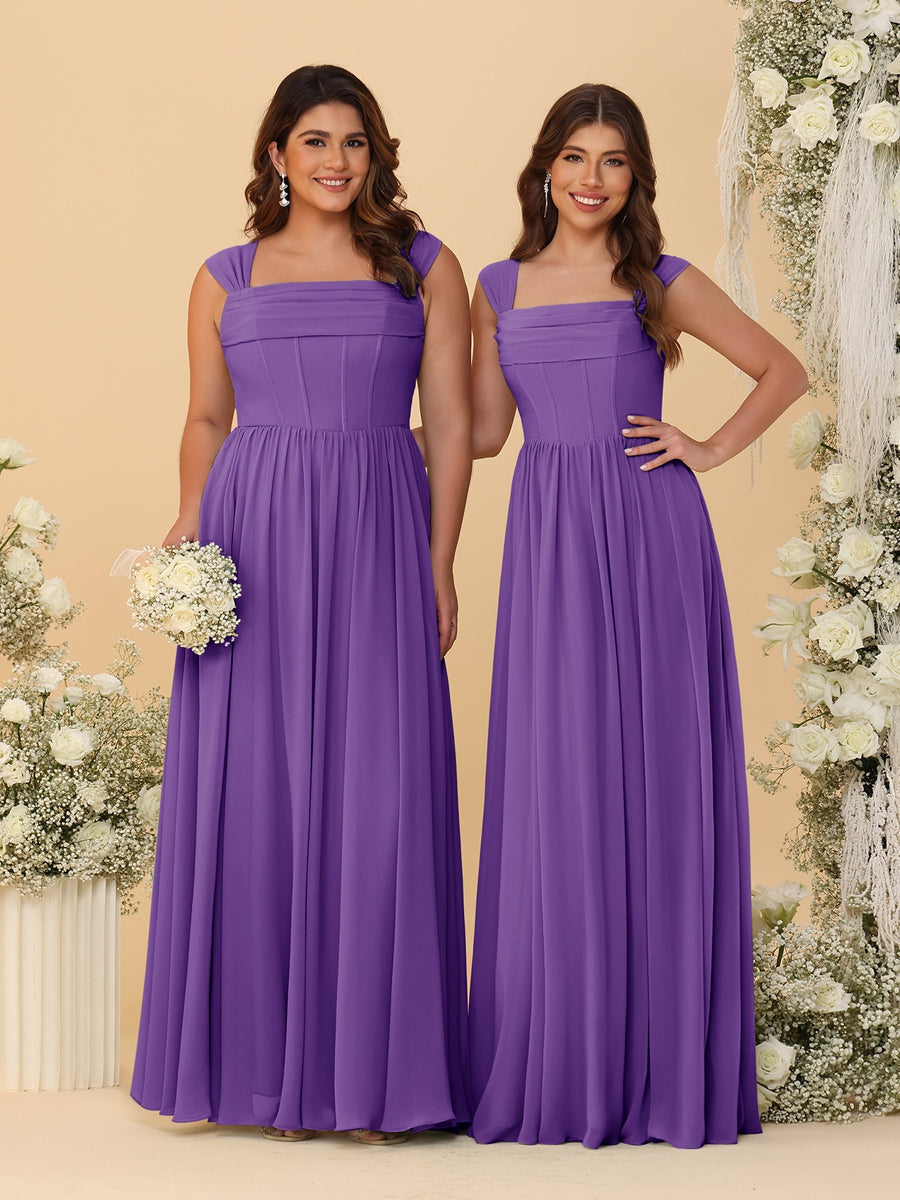 Chiffon A-Line/Princess Square Neck Sleeveless Bridesmaid Dresses with Pleats Purple