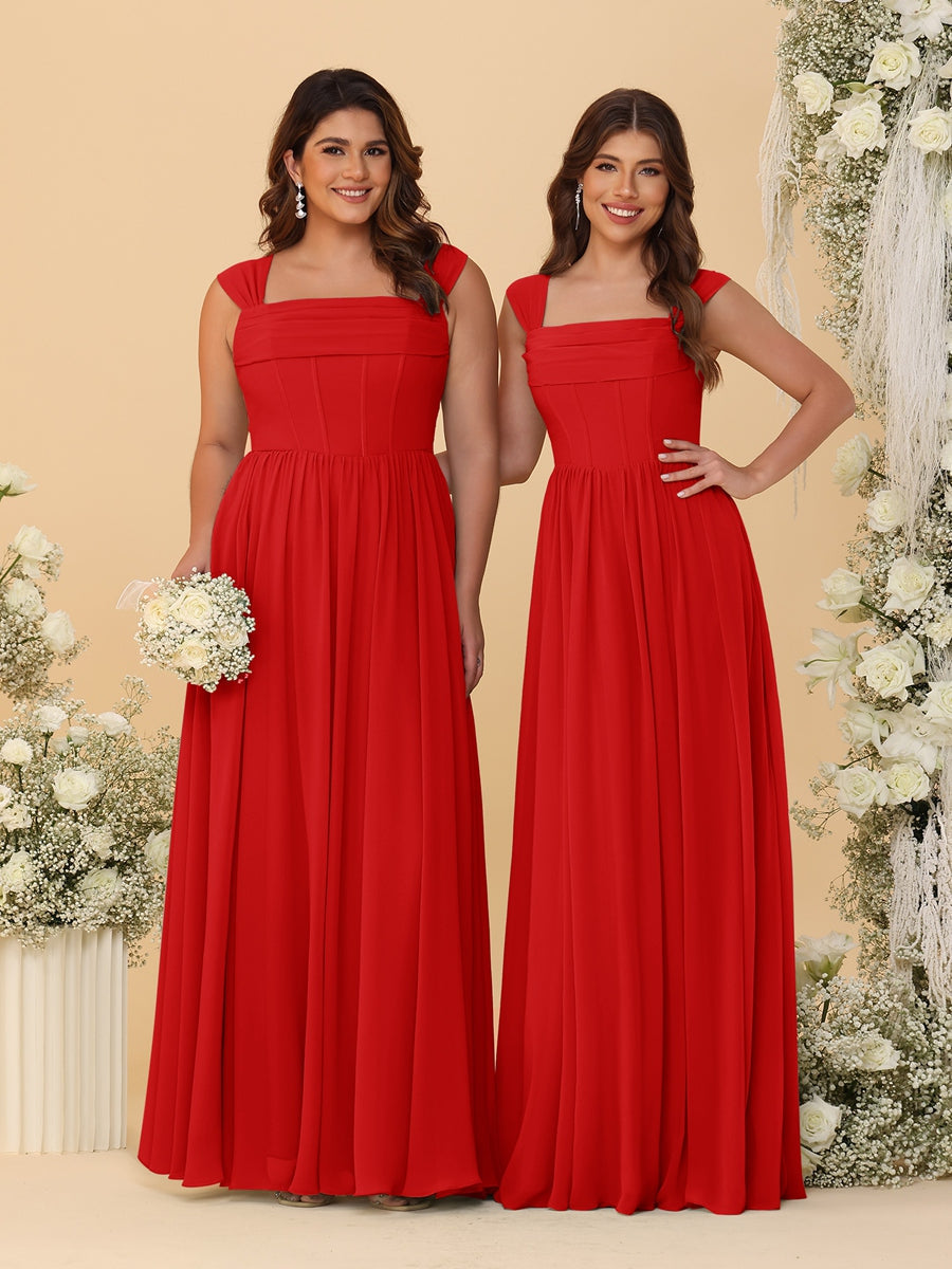 Chiffon A-Line/Princess Square Neck Sleeveless Bridesmaid Dresses with Pleats Red