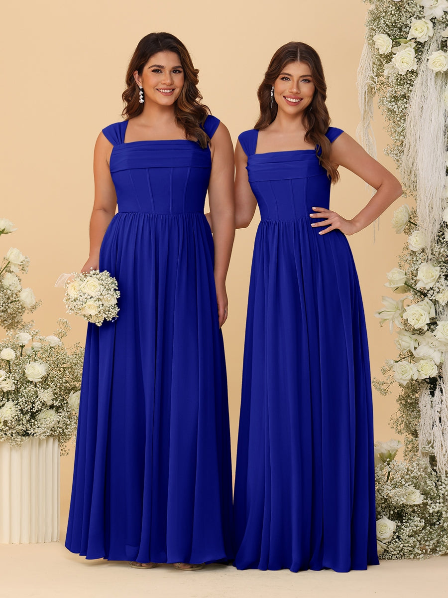 Chiffon A-Line/Princess Square Neck Sleeveless Bridesmaid Dresses with Pleats Royal Blue