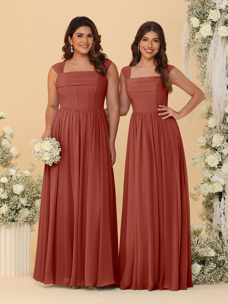 Chiffon A-Line/Princess Square Neck Sleeveless Bridesmaid Dresses with Pleats Rust