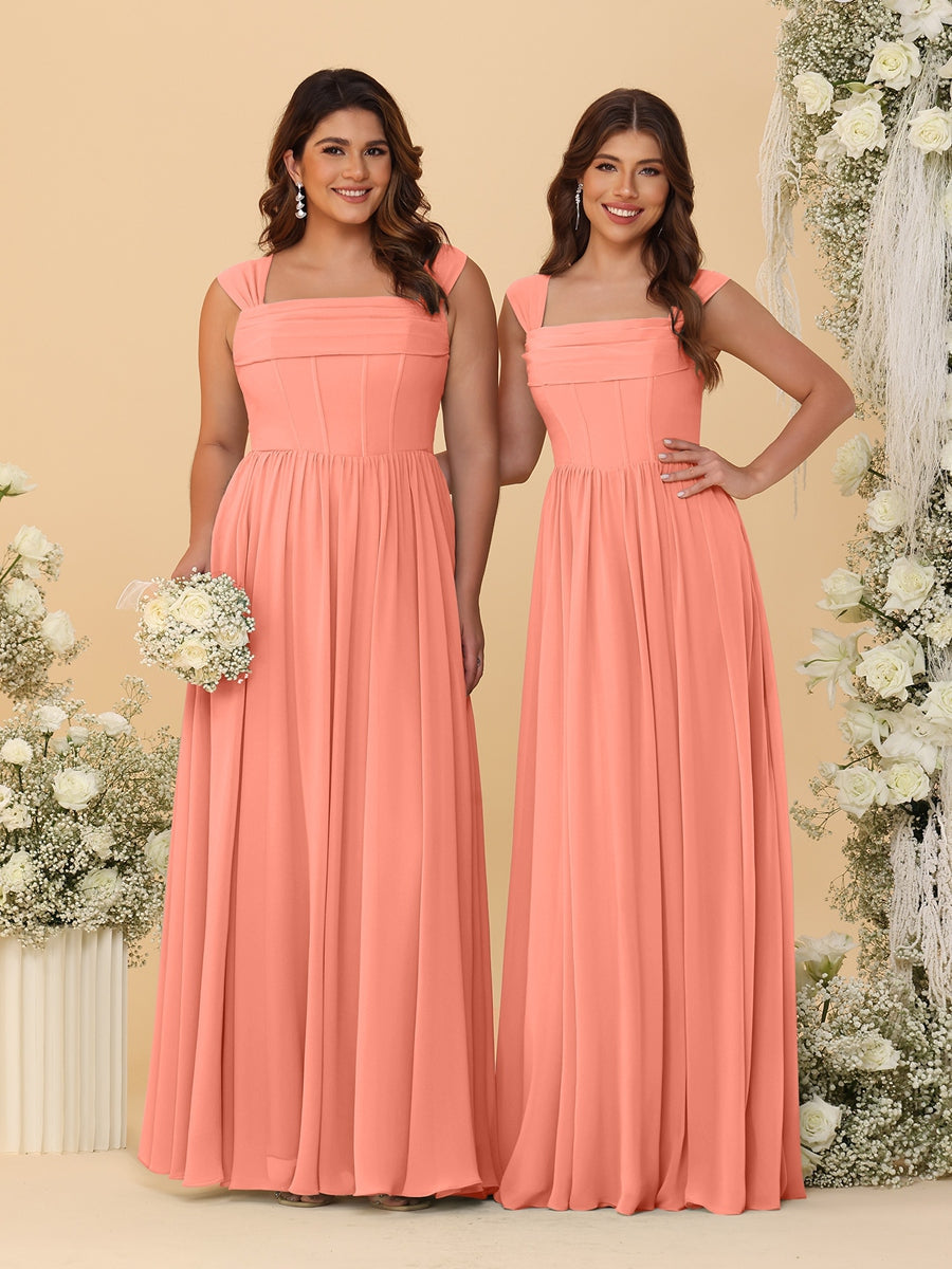 Chiffon A-Line/Princess Square Neck Sleeveless Bridesmaid Dresses with Pleats Salmon
