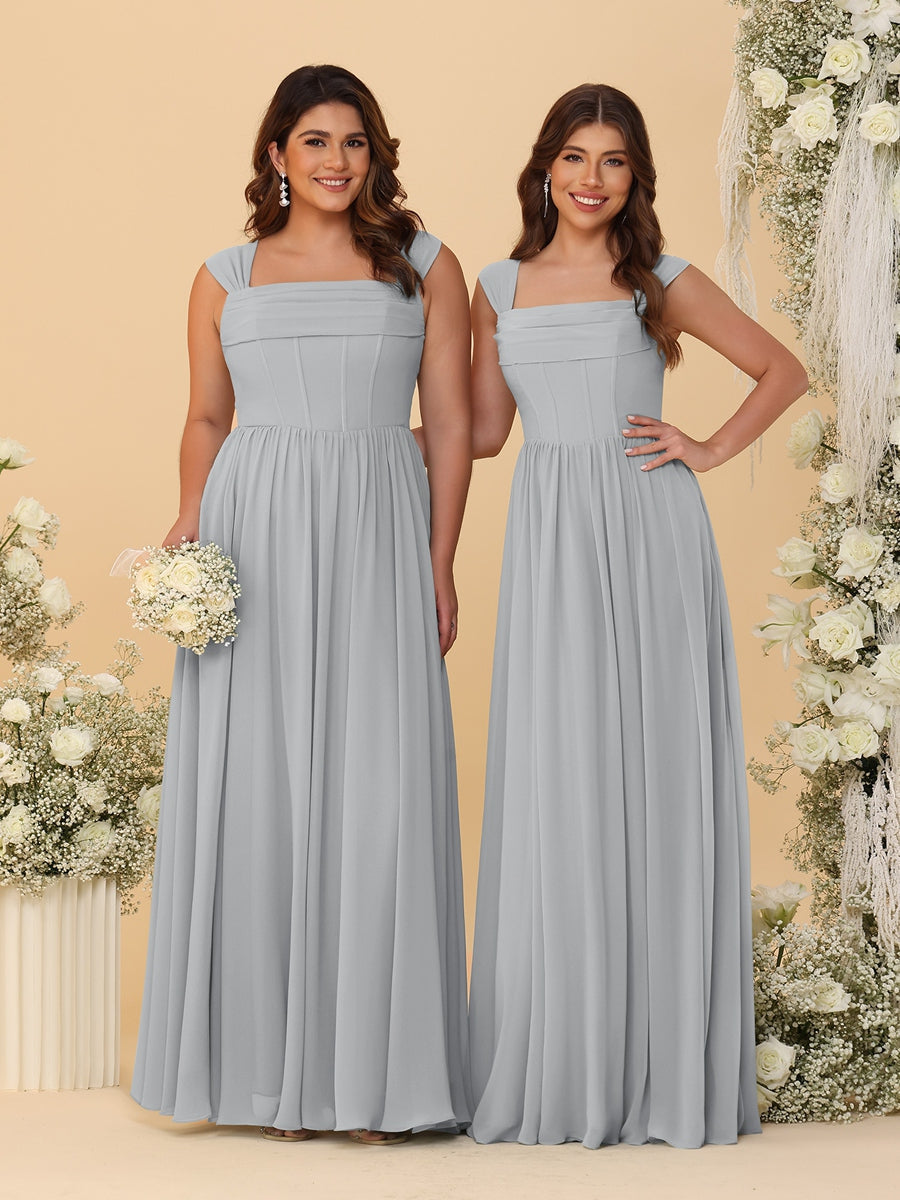Chiffon A-Line/Princess Square Neck Sleeveless Bridesmaid Dresses with Pleats Silver
