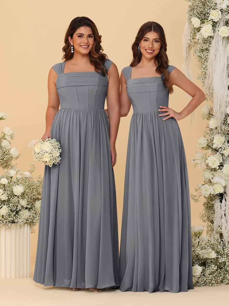 Chiffon A-Line/Princess Square Neck Sleeveless Bridesmaid Dresses with Pleats Silver Gray