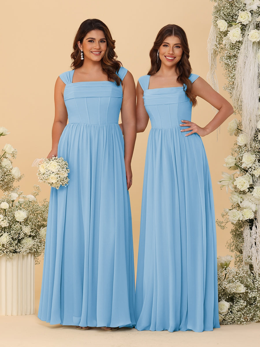 Chiffon A-Line/Princess Square Neck Sleeveless Bridesmaid Dresses with Pleats Sky Blue