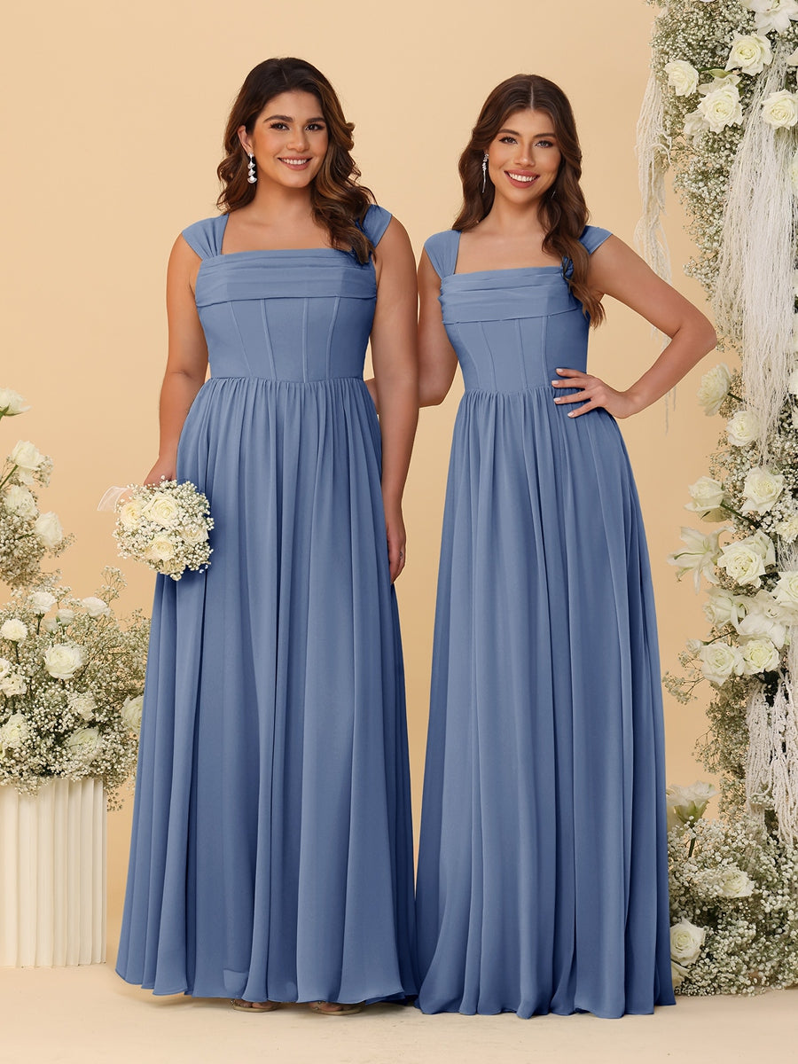 Chiffon A-Line/Princess Square Neck Sleeveless Bridesmaid Dresses with Pleats Steel Blue