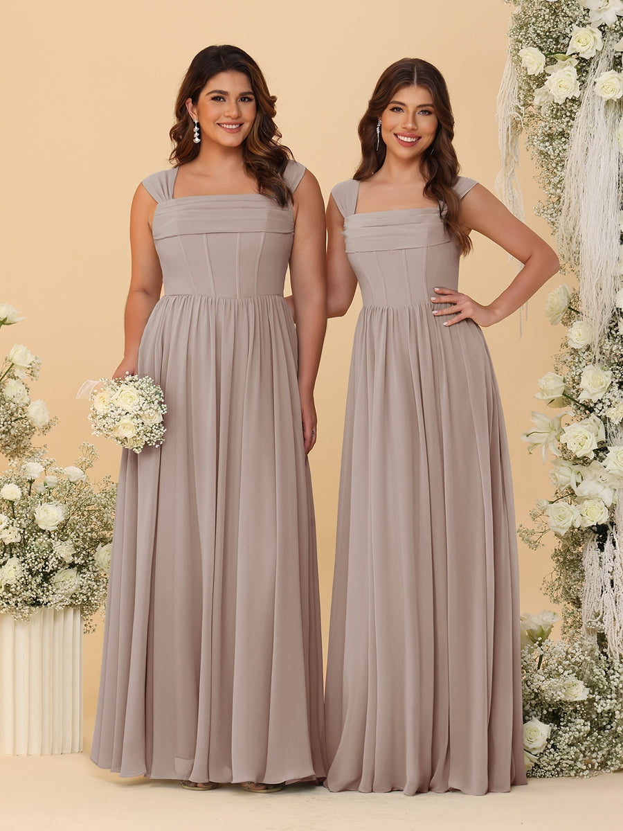 Chiffon A-Line/Princess Square Neck Sleeveless Bridesmaid Dresses with Pleats Taupe