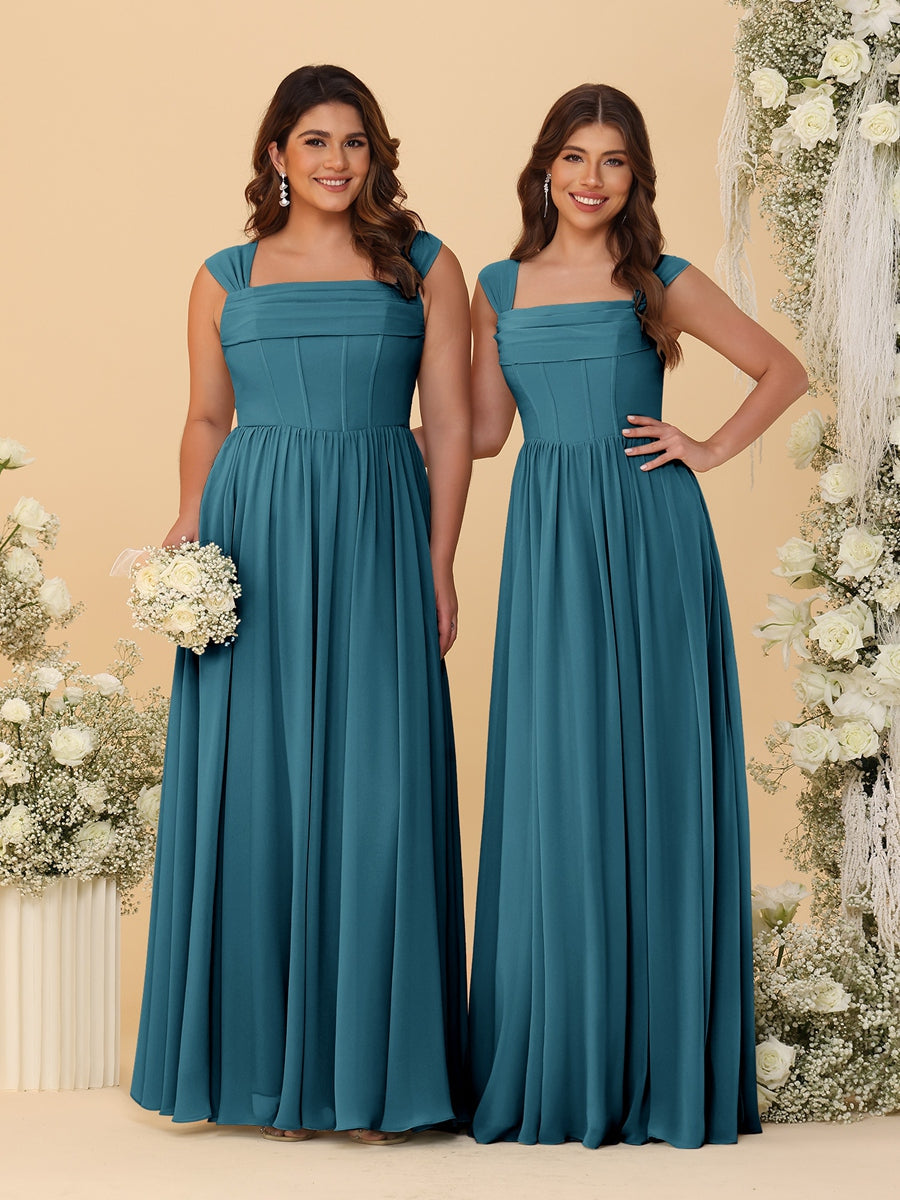 Chiffon A-Line/Princess Square Neck Sleeveless Bridesmaid Dresses with Pleats Teal