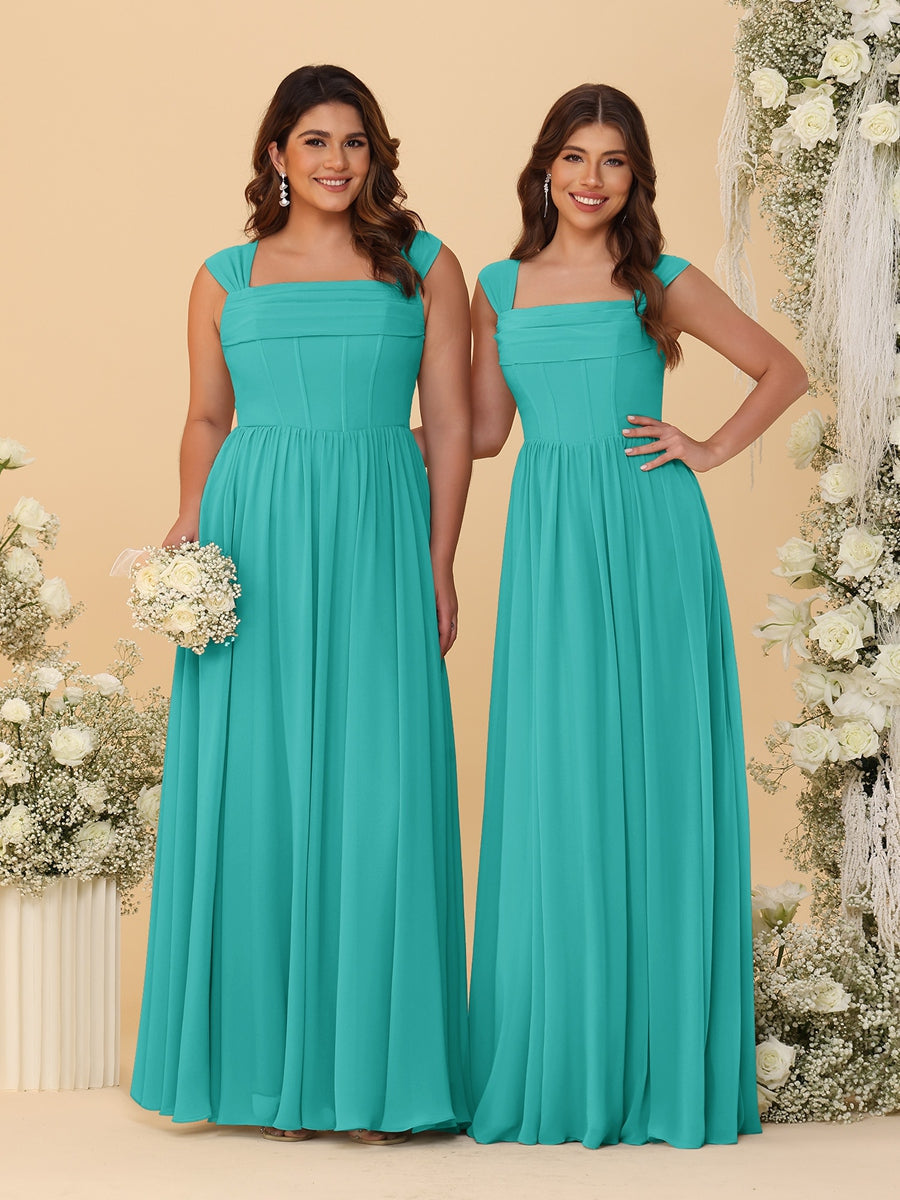 Chiffon A-Line/Princess Square Neck Sleeveless Bridesmaid Dresses with Pleats Turquoise