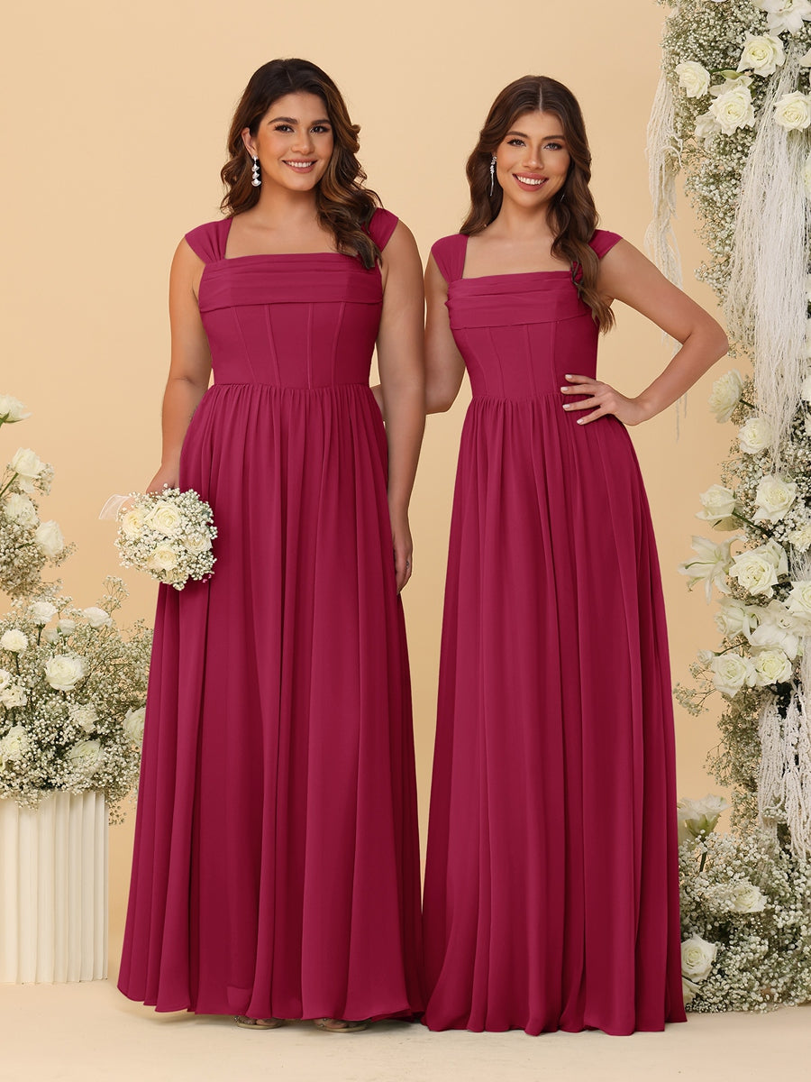 Chiffon A-Line/Princess Square Neck Sleeveless Bridesmaid Dresses with Pleats Wine Red