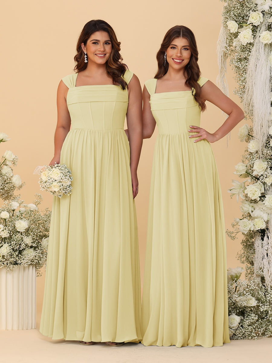 Chiffon A-Line/Princess Square Neck Sleeveless Bridesmaid Dresses with Pleats Yellow