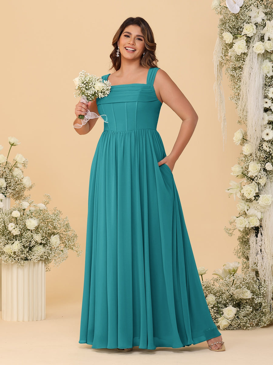 Chiffon A-Line/Princess Square Neck Sleeveless Plus Size Bridesmaid Dresses with Pleats Aqua Blue