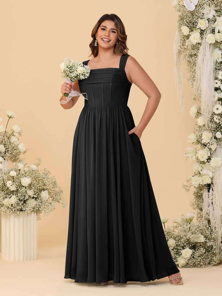 Chiffon A-Line/Princess Square Neck Sleeveless Plus Size Bridesmaid Dresses with Pleats Black
