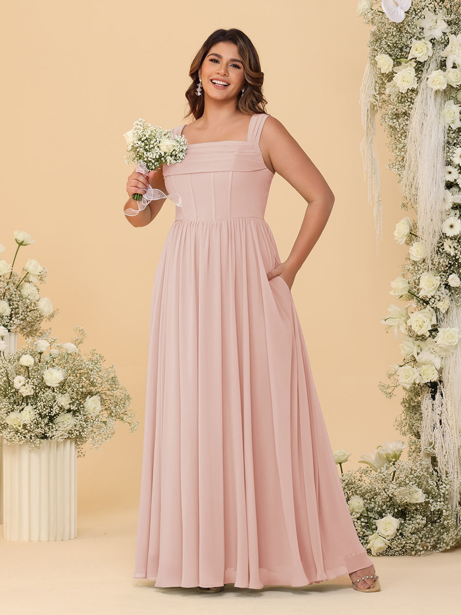Chiffon A-Line/Princess Square Neck Sleeveless Plus Size Bridesmaid Dresses with Pleats Blush Pink