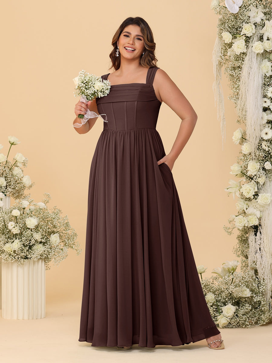 Chiffon A-Line/Princess Square Neck Sleeveless Plus Size Bridesmaid Dresses with Pleats Brown