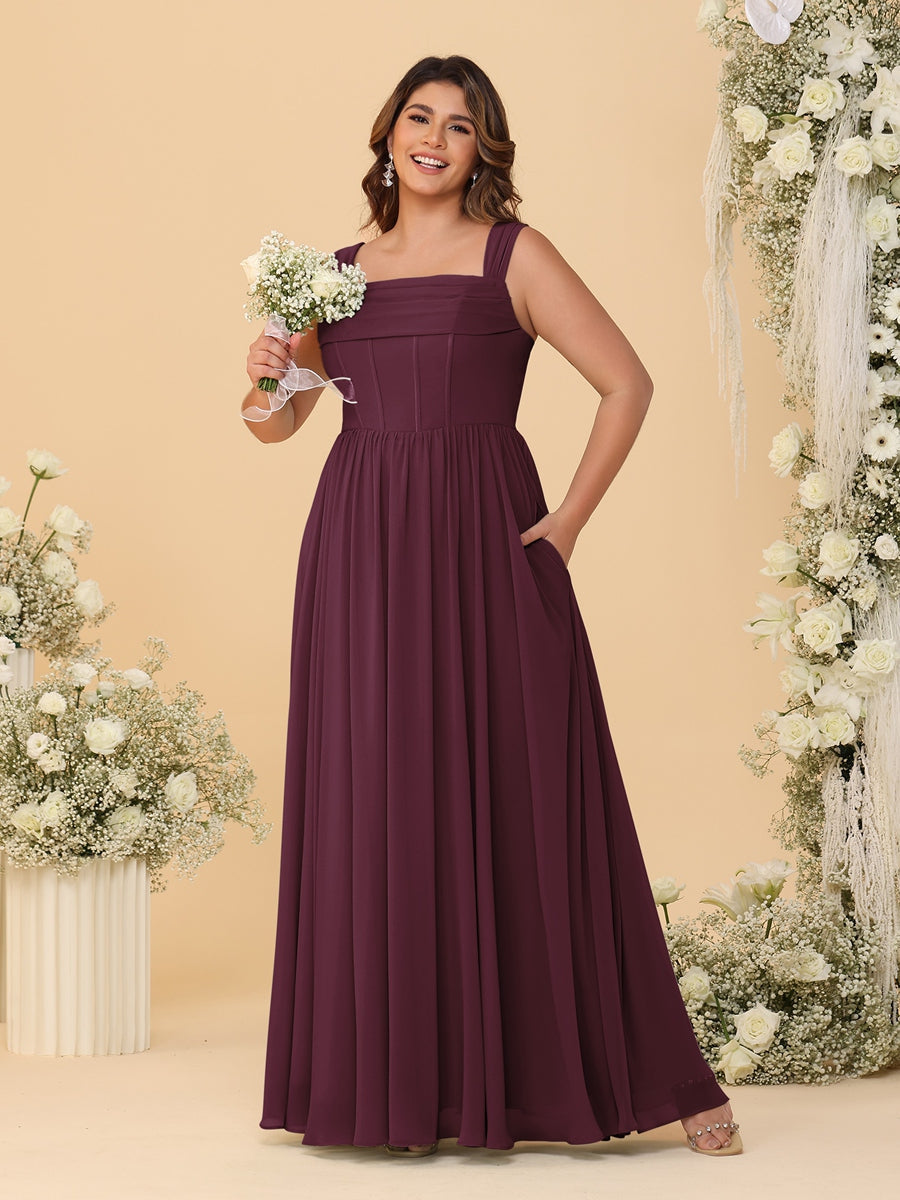 Chiffon A-Line/Princess Square Neck Sleeveless Plus Size Bridesmaid Dresses with Pleats Burgundy